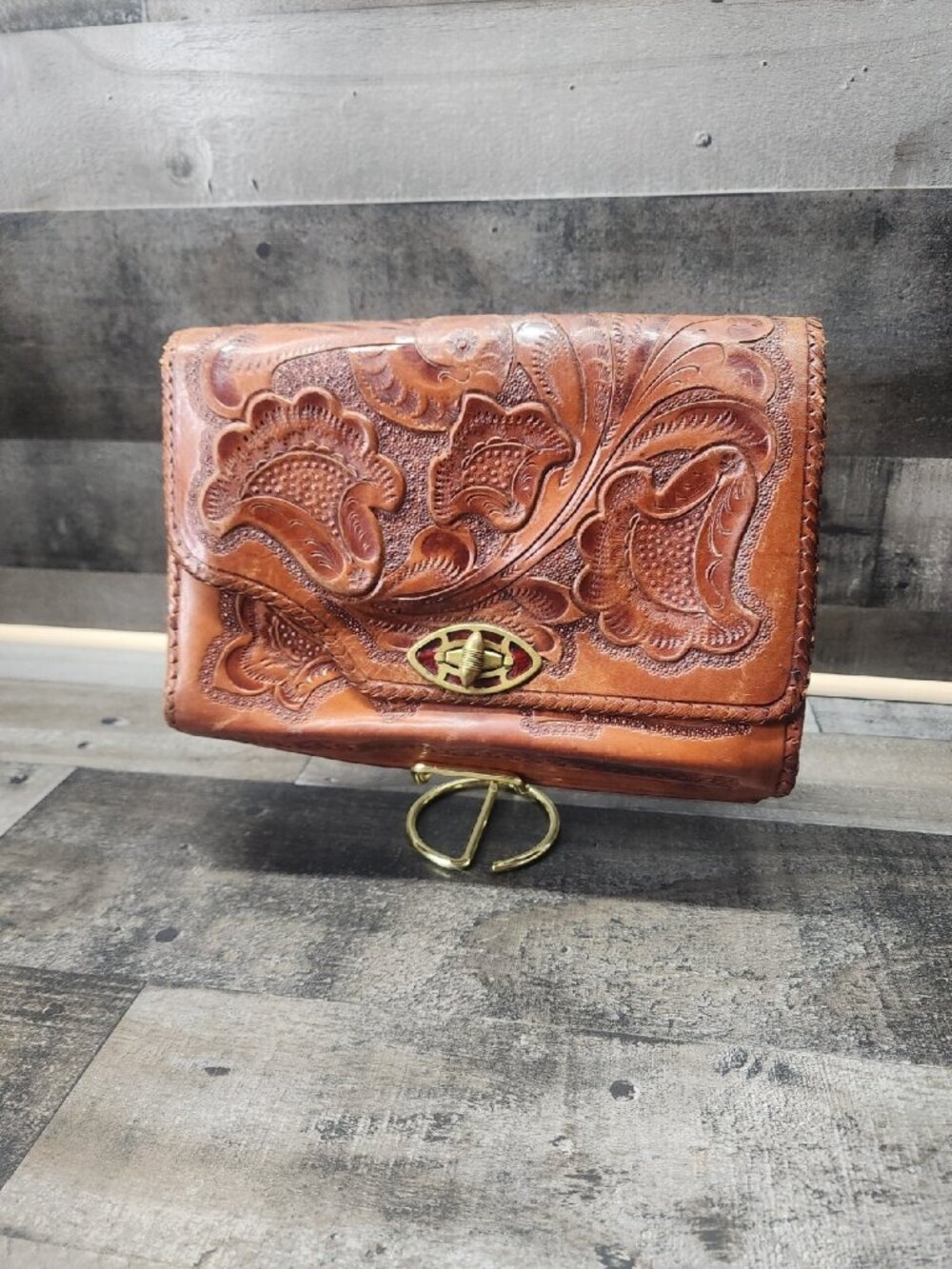 Vtg 1950s Hand Tooled Leather Clutch Reversible Calf Hide Purse Western Boho